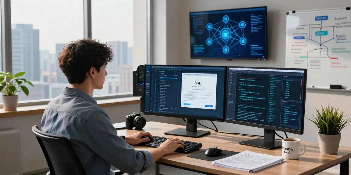 Cybersecurity analyst using SSL by hostneverdie for secure certificate management in a modern workspace.