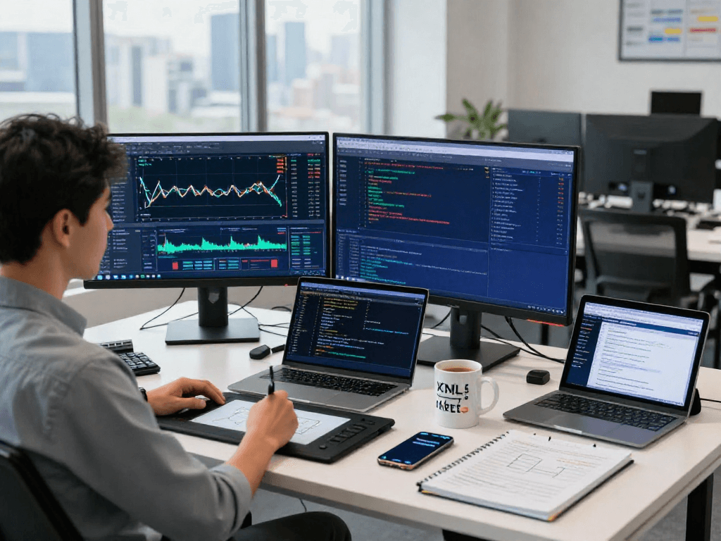 MetaTrader 5 trading platform workspace with trader analyzing charts and strategies