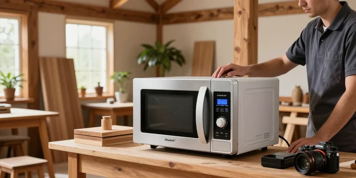Shashel microwave device eliminating woodworms in a workshop, showcasing eco-friendly technology.