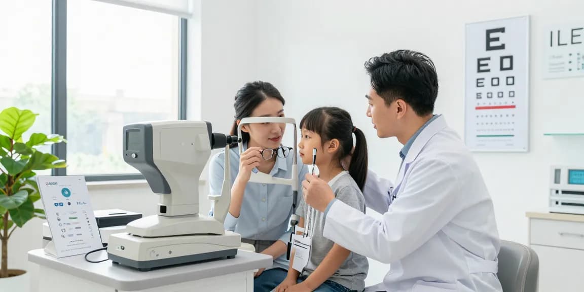 Patient consulting about ICL and LASIK options in a bright eye clinic.
