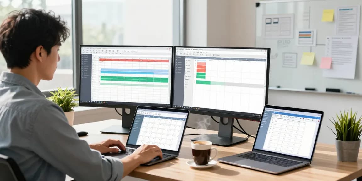 IT manager using rtischeduler software in a bright office, reviewing project timelines and team schedules.