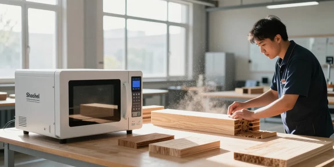 Shashel microwave technology eliminating woodworms in a modern workshop, showcasing efficient wood treatment.