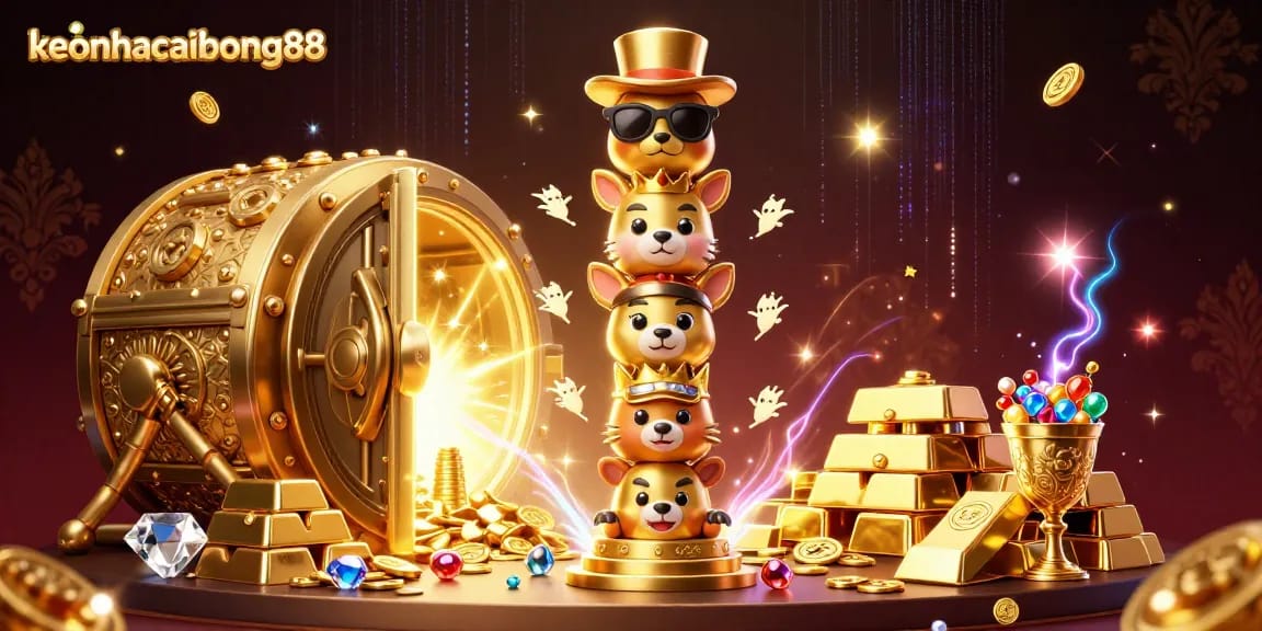 Engage with keonhacaibong88 through a vibrant casino-themed illustration showcasing animated characters and treasures.