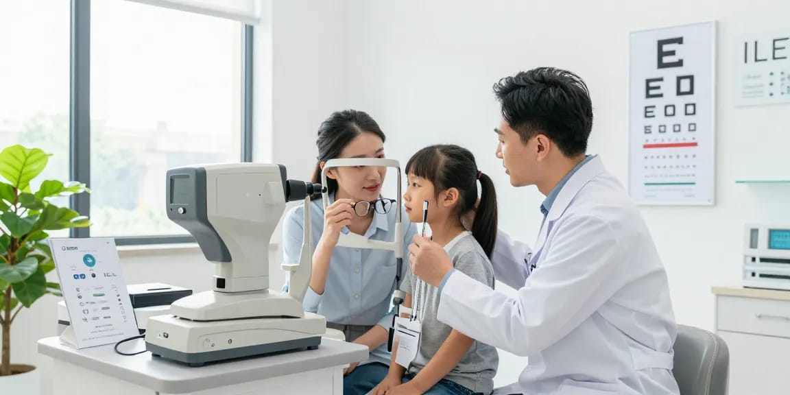 Patient consulting about ICL and LASIK options in a bright eye clinic.