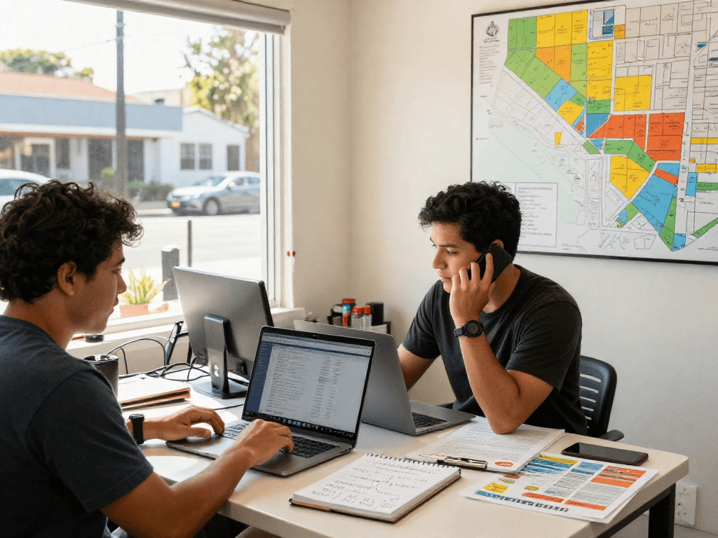 High-energy teamwork focused on contractor lead generation in local market.