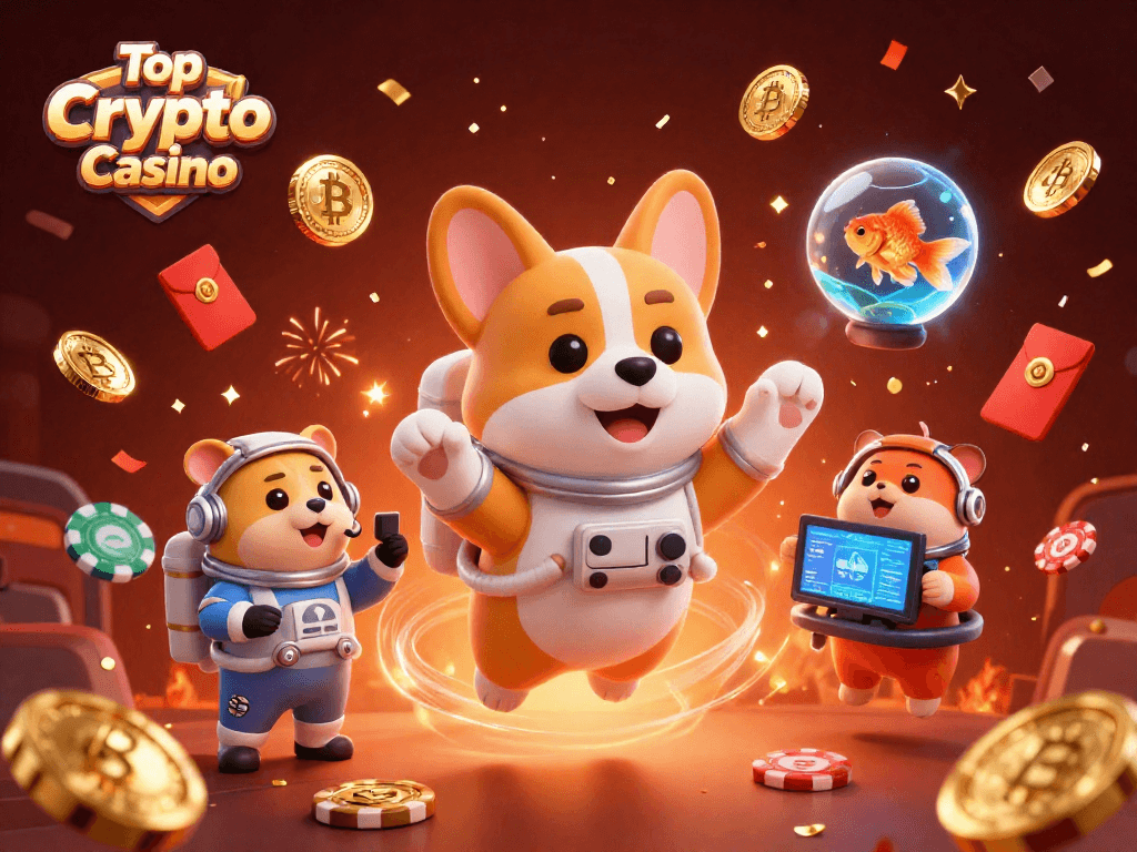 Experience the Top Crypto Casino with an astronaut corgi and floating coins in a vibrant gaming scene.