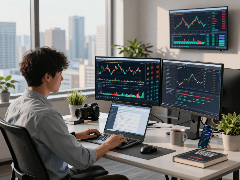 Developer utilizing the 700.HK live quote API in a modern trading workspace with stock charts and analytics.