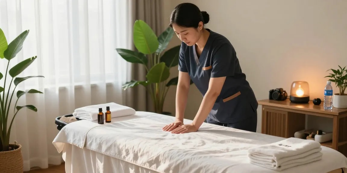 마포출장안마 at-home massage scene with professional therapist preparing for a serene session in bright and inviting ambiance.