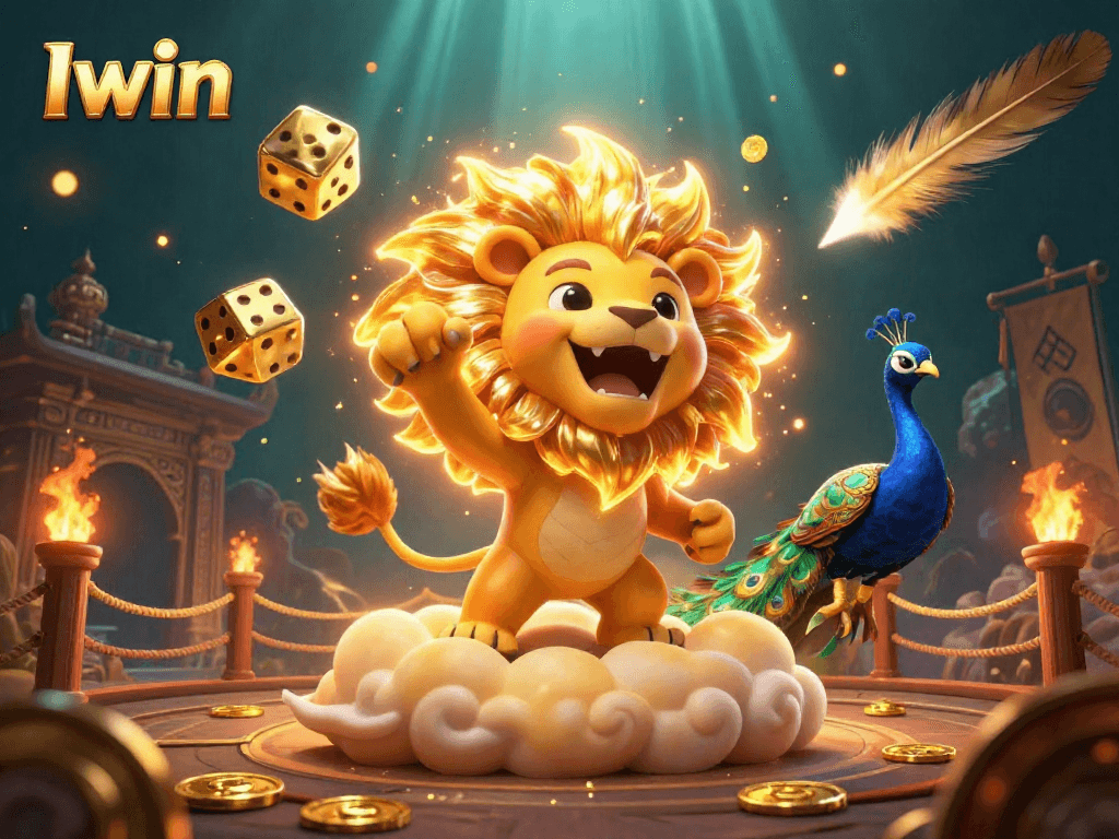 Iwin presents an exhilarating scene with a triumphant sun lion amid golden dice and vibrant gambling elements.