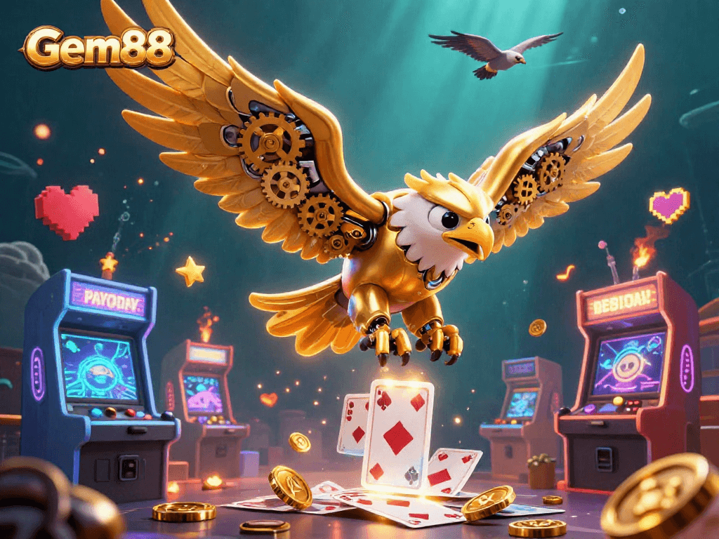 Experience the excitement of Gem88 with a vibrant 3D cybernetic eagle amidst dynamic casino elements.