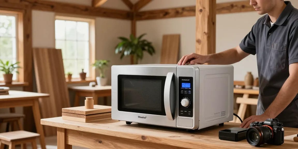 Shashel microwave device eliminating woodworms in a workshop, showcasing eco-friendly technology.