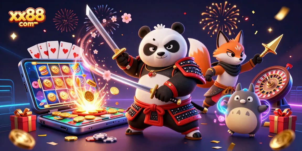 Engage with thrilling gameplay at xx88 com, featuring vibrant samurai panda and ninja fox in an action-packed casino scene.