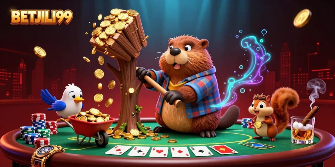 Chase excitement with BETJILI99 as a beaver chops a tree raining golden coins at a vibrant casino.