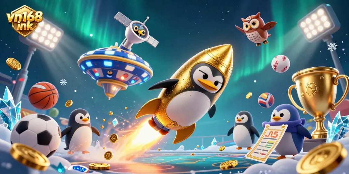 Experience the excitement of vn168 ink as a golden penguin launches into a thrilling casino adventure.