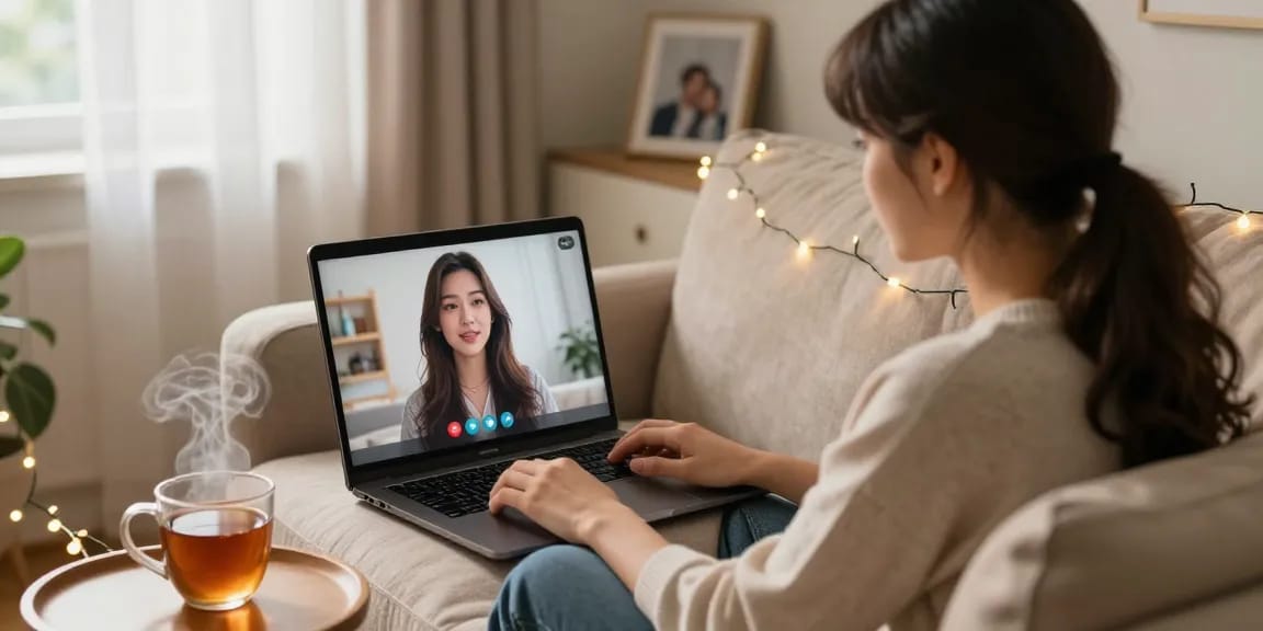 AI girlfriend virtual conversation in a cozy home setting with romantic lighting.