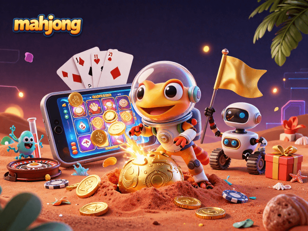 Engage in thrilling mahjong gaming with our vibrant 3D cartoon casino scene filled with rich details.
