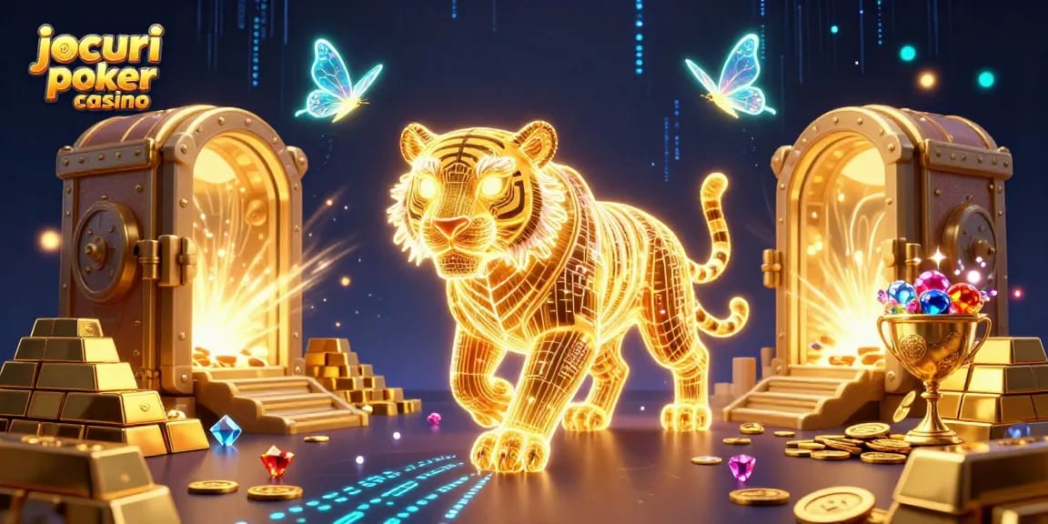 Joacă jocuri poker casino într-un peisaj digital captivant, cu tigri de lumină și comori strălucitoare.