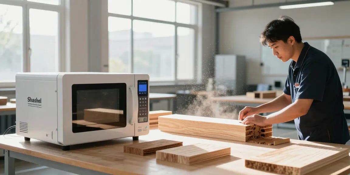 Shashel microwave technology eliminating woodworms in a modern workshop, showcasing efficient wood treatment.