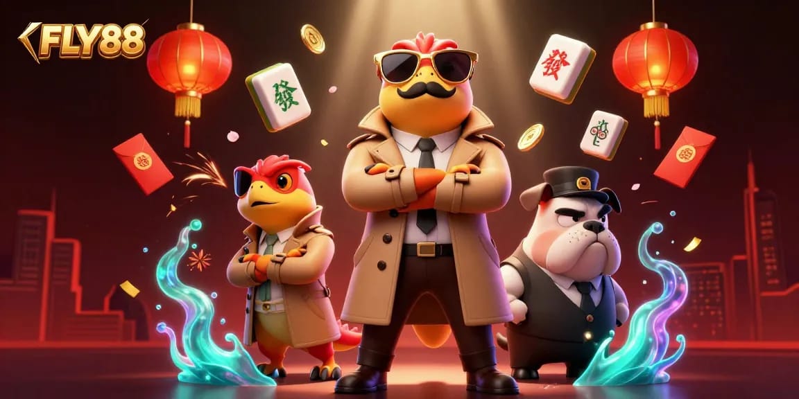 FLY88 raptors in trench coat enter VIP casino lounge, illustrated with dynamic game elements.