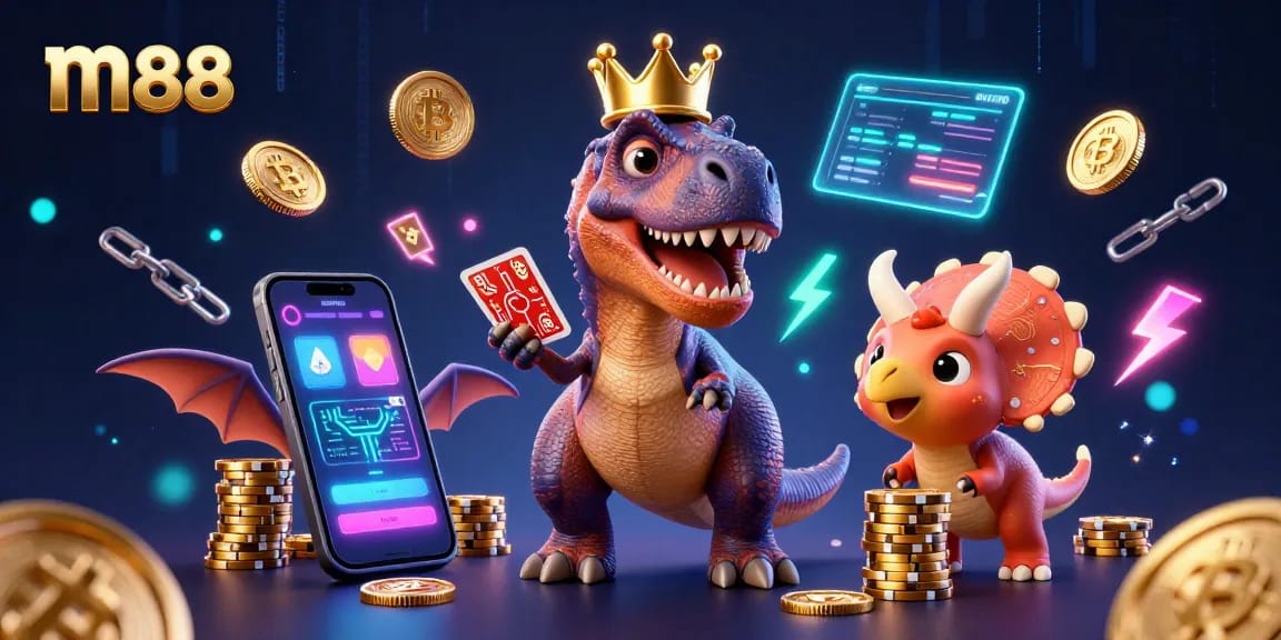 Engage with m88's vibrant gaming scene featuring friendly dinosaur characters in a dynamic casino atmosphere.