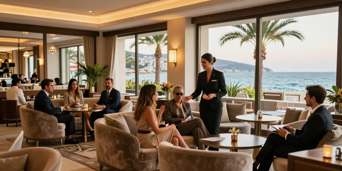 Antalya Eskort in a luxurious hotel lobby, showcasing elegance and sophistication in a vibrant coastal setting.