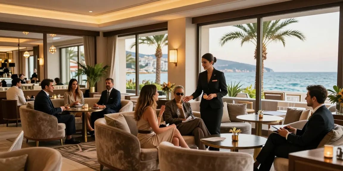 Antalya Eskort in a luxurious hotel lobby, showcasing elegance and sophistication in a vibrant coastal setting.