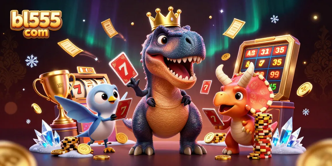 Win big at bl555 com with a fun T-Rex card game scene filled with slots and lively characters.
