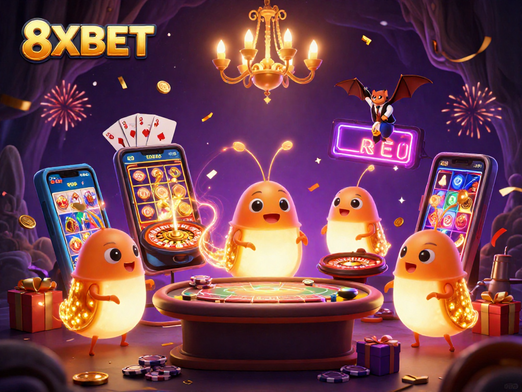 Experience thrilling gameplay with 8XBET’s vibrant casino scene illuminated by glowing glowworms.