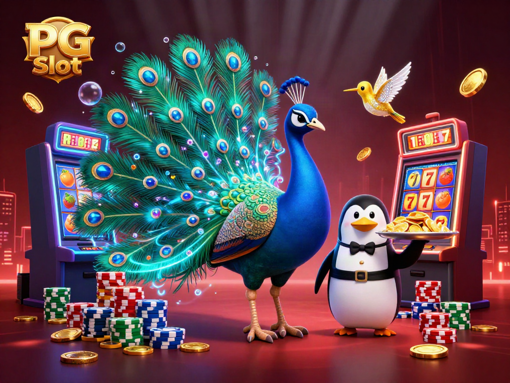 Engage with PG Slot's vibrant casino scene featuring a peacock and golden hummingbird surrounded by colorful slot machines.