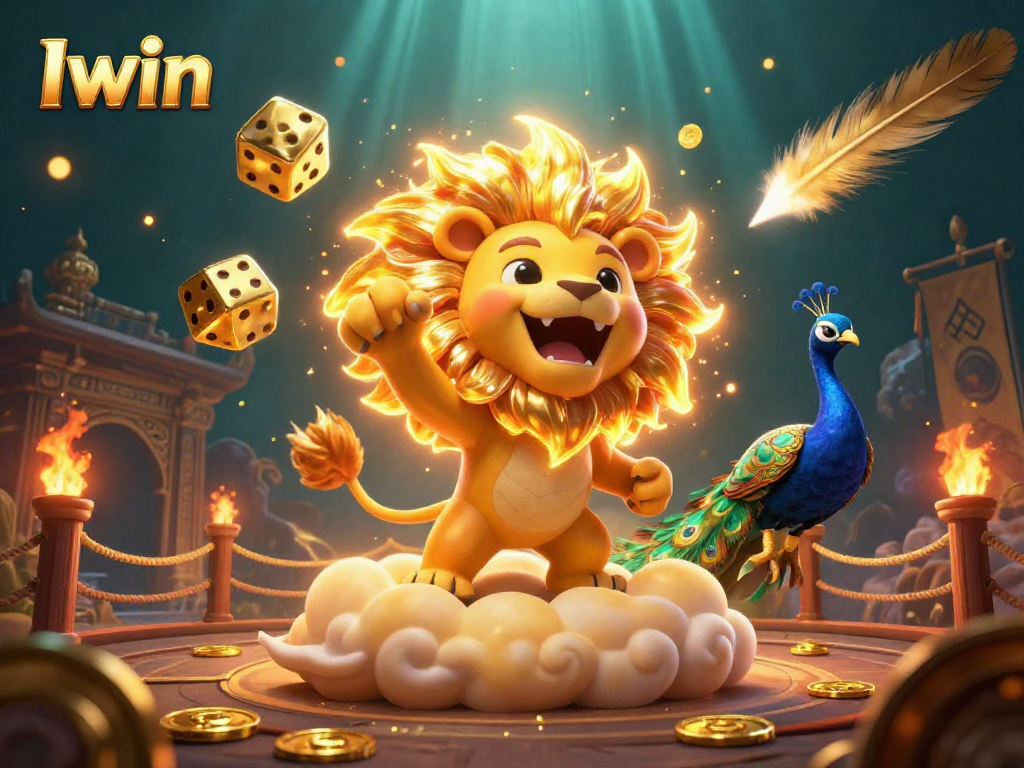 Iwin presents an exhilarating scene with a triumphant sun lion amid golden dice and vibrant gambling elements.