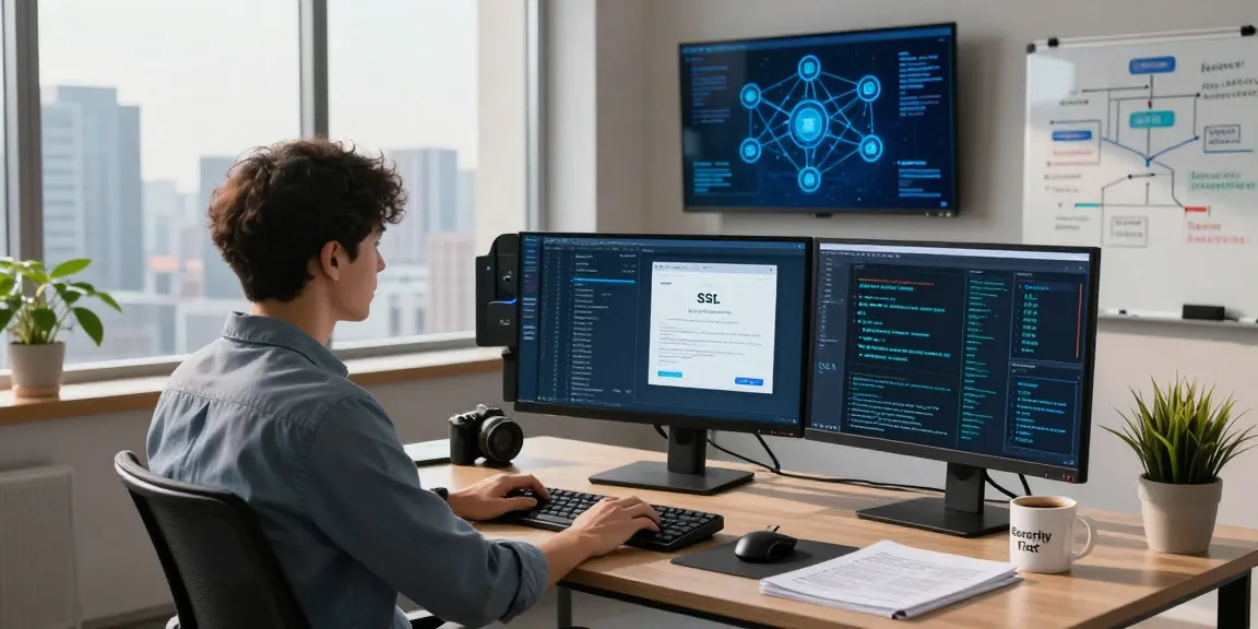 Cybersecurity analyst using SSL by hostneverdie for secure certificate management in a modern workspace.