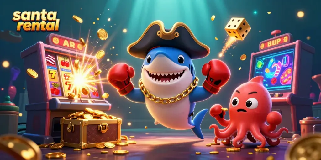 Experience the magic of santa rental with vibrant casino elements and playful characters in 3D.