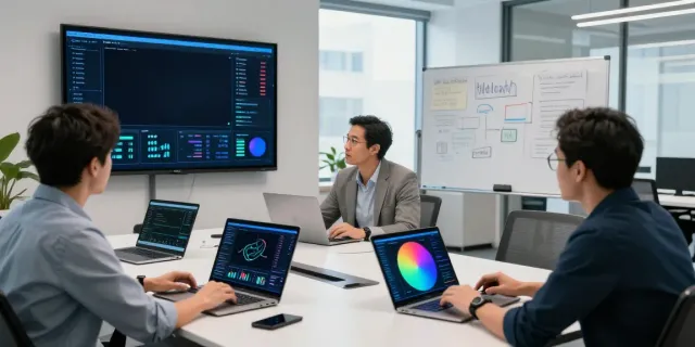 Enterprise AI collaboration in a modern office, showcasing a dynamic team analyzing data.
