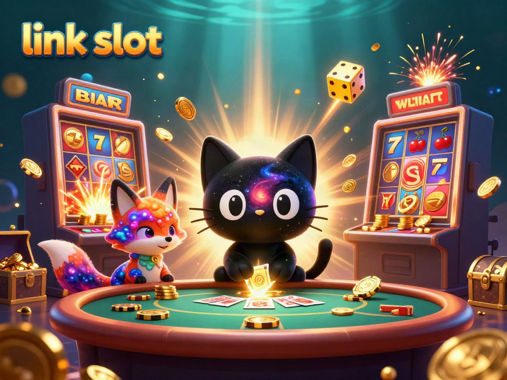 Experience the excitement of link slot with a 3D illustration of a cosmic casino featuring vibrant characters.