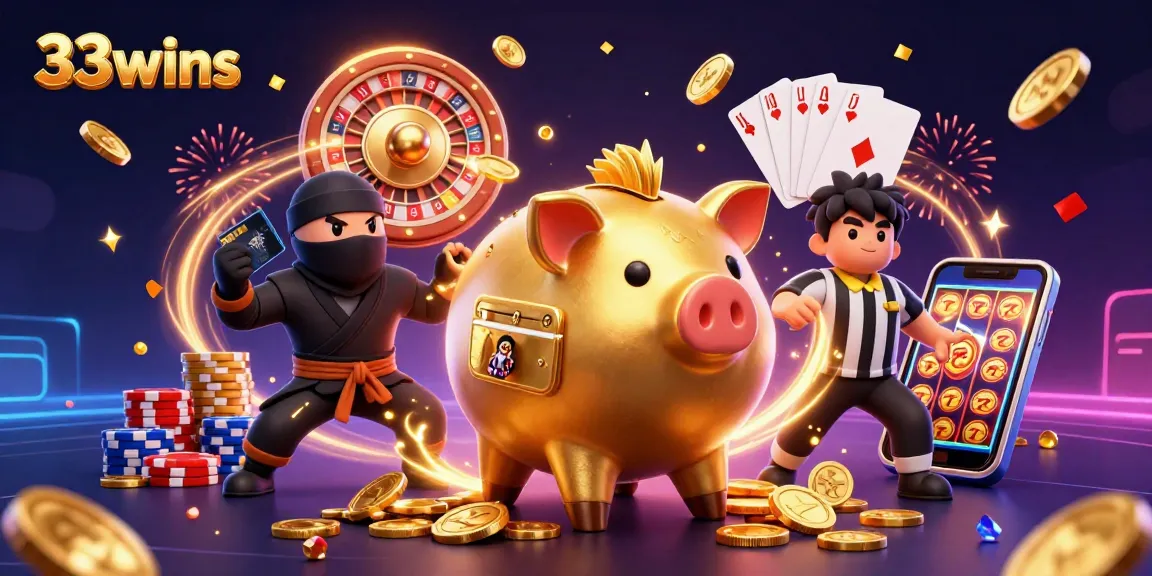 33wins casino scene showcasing a piggy bank sumo wrestler, wallet ninja, and referee amidst flying coins.
