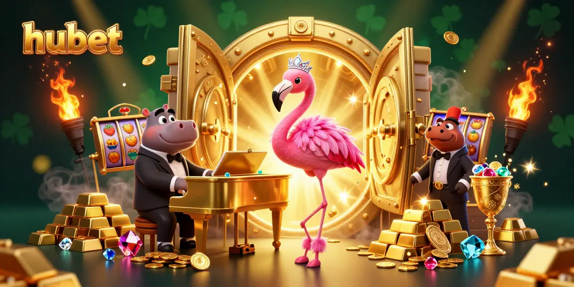 hubet engages players with a glamorous casino scene featuring a flamingo singer and treasure vault.