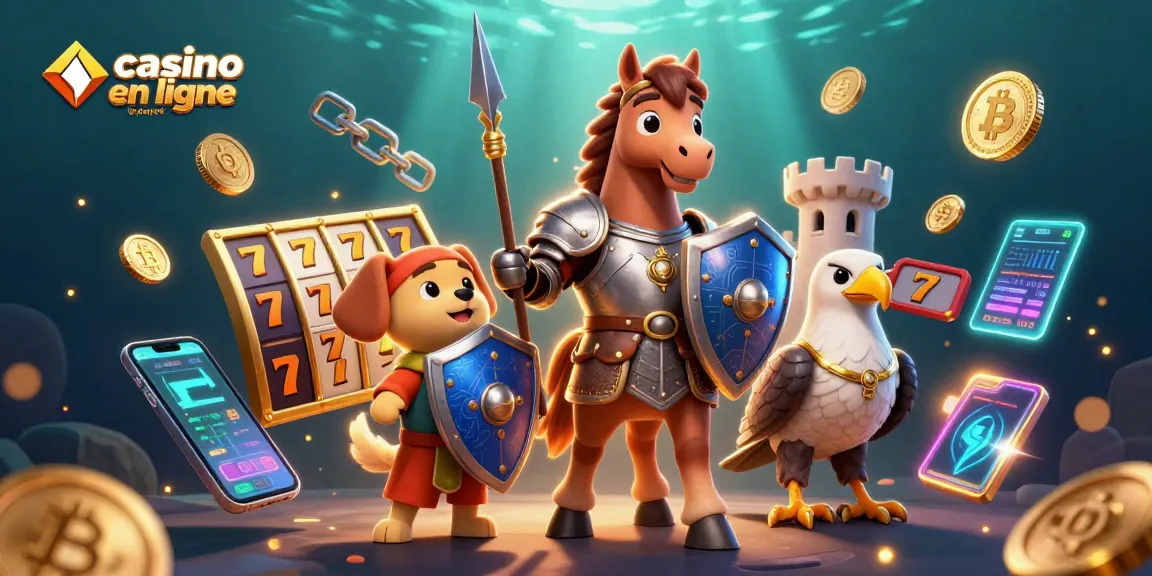 Visuel captivant d'un casino en ligne le plus payant, illustrant un chevalier, un chiot et un faucon dans une ambiance riche et dynamique.
