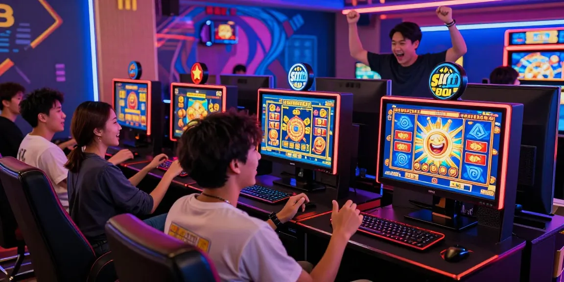 Situs slot gaming scene with players engaging in vibrant online slot games, showcasing excitement and modern gaming atmosphere.