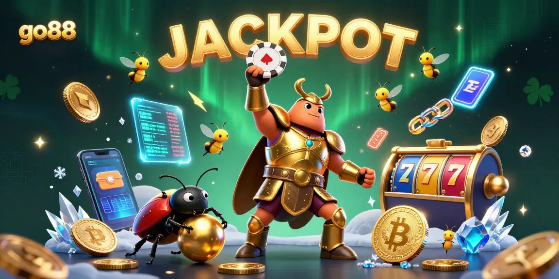 Win big with go88 in this vibrant 3D casino scene featuring a victorious beetle hero.
