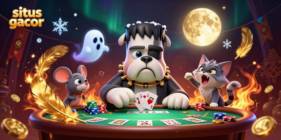 Engage with situs gacor at a lively poker table, featuring unique characters in a vibrant casino scene.