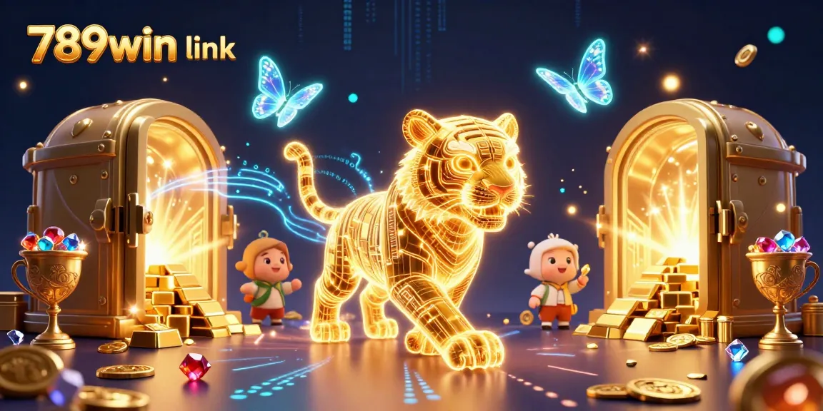 Engage with the latest 789win link in a vibrant casino scene featuring a golden tiger amidst treasures.