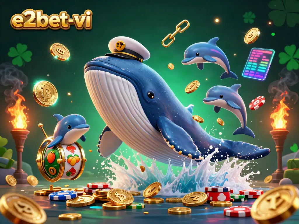 Engage in exhilarating gameplay at e2bet-vi with vibrant slot reels, tokens, and dolphins in a thrilling casino scene.