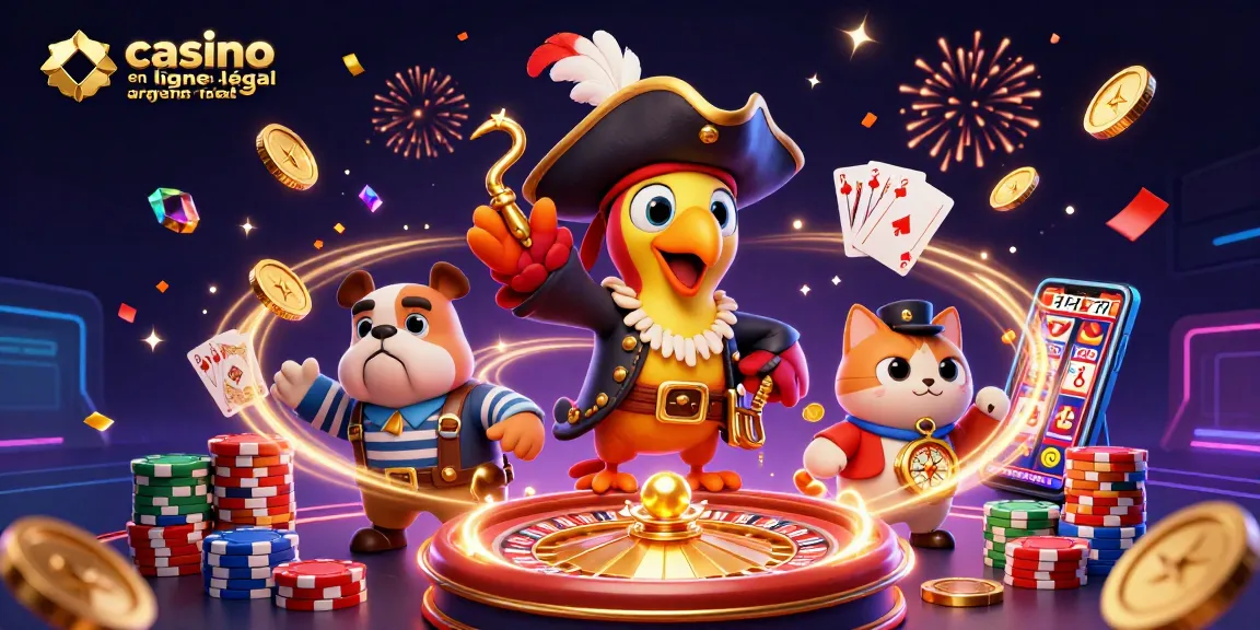 Plongez dans le monde des jeux avec casino en ligne légal argent réel, où le pirate, le bulldog et le chat naviguent parmi les pièces d'or et les jetons colorés.