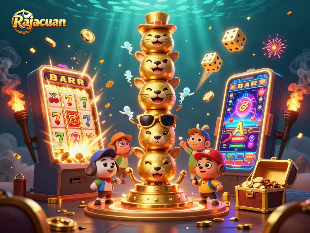 Engage with Rajacuan's exciting gaming atmosphere, showcasing a vibrant slot machine and dynamic elements.