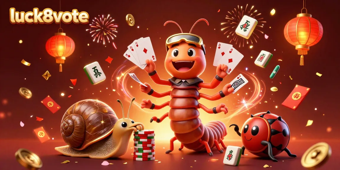 Experience luck8vote with a bustling casino scene featuring a lively millipede dealer and high-roller snail.