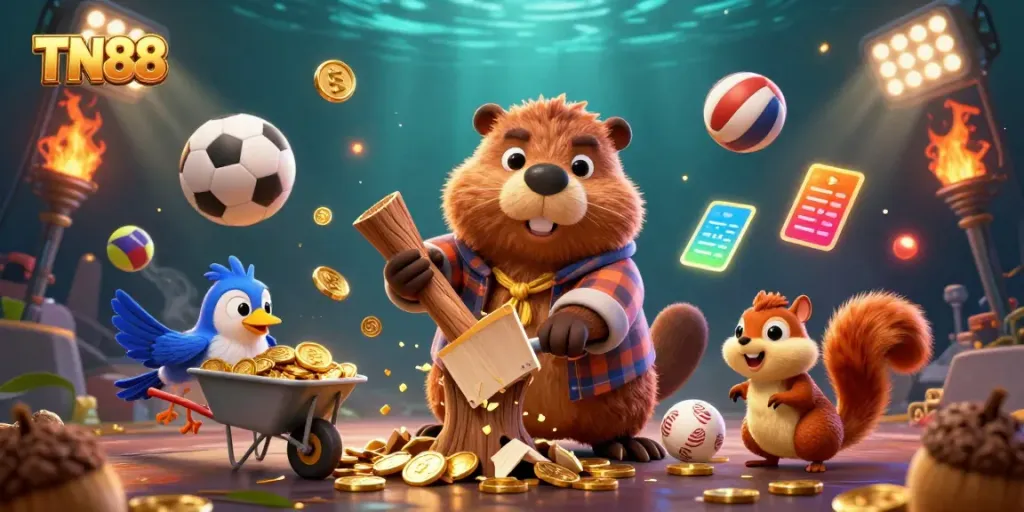 Engage in casino fun with TN88 as a beaver chops trees raining coins, amidst sports elements and dynamic lighting.