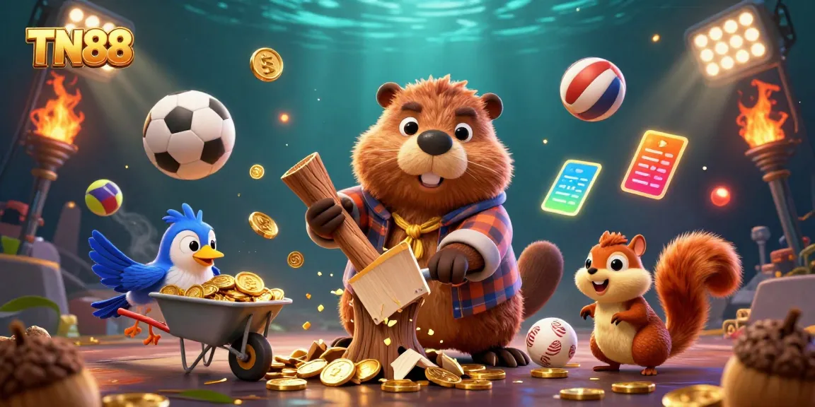 Engage in casino fun with TN88 as a beaver chops trees raining coins, amidst sports elements and dynamic lighting.