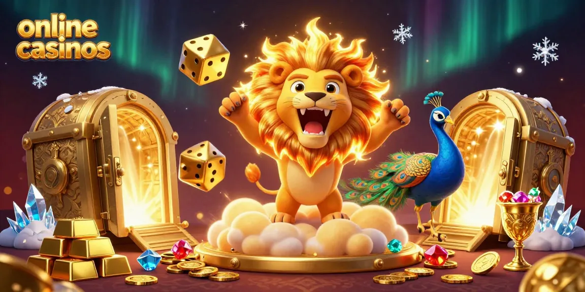 Experience the thrill of online casinos in a dazzling 3D scene with a roaring sun lion, golden dice, and glimmering treasures.