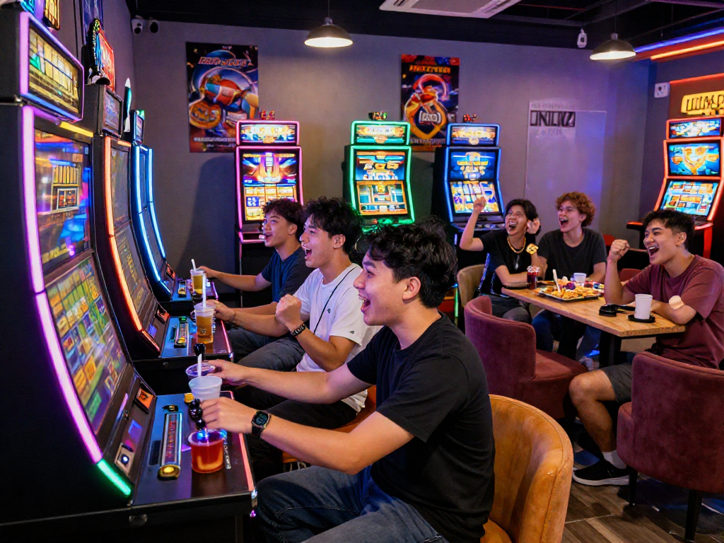 Excited friends enjoying slot gacor machines in vibrant gaming lounge.