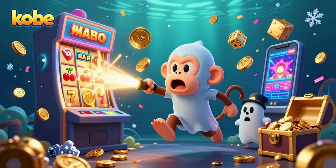 Kobe casino scene shows a ghost-hunter puppy tracking a mischievous monkey among colorful slot machines.